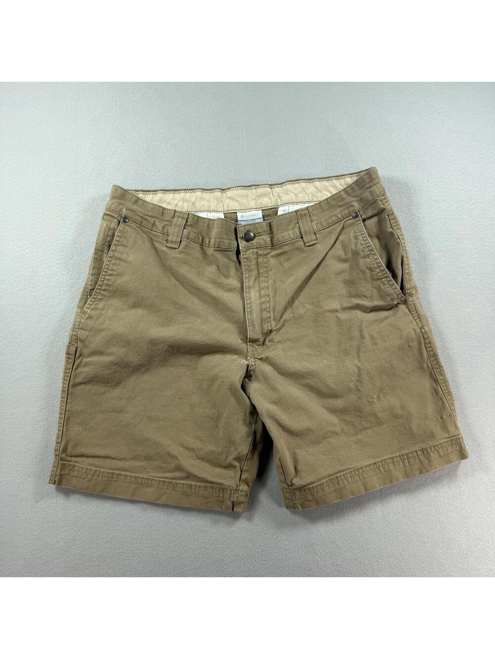 Colombia Mens 38" Khaki Flat Front Regular Fit 8" Inseam Tan Shorts